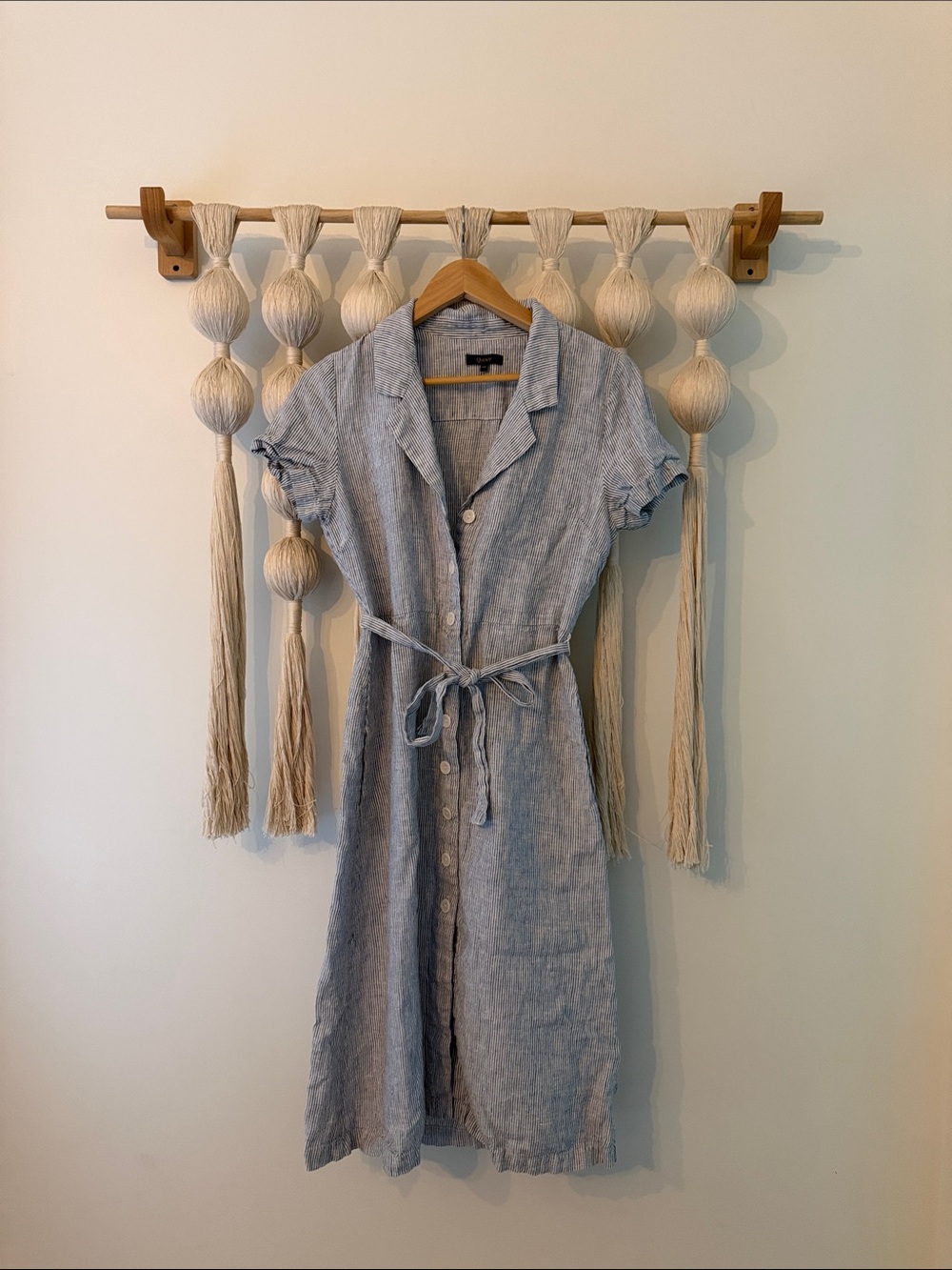 Quince Blue white stripe Button-Front Linen shirt Dress with Tie Waist XS